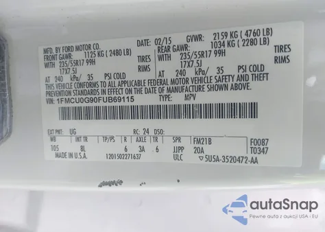 2015 Ford Escape Se z USA, uszkodzony, nr VIN 1FMCU0G90FUB69115